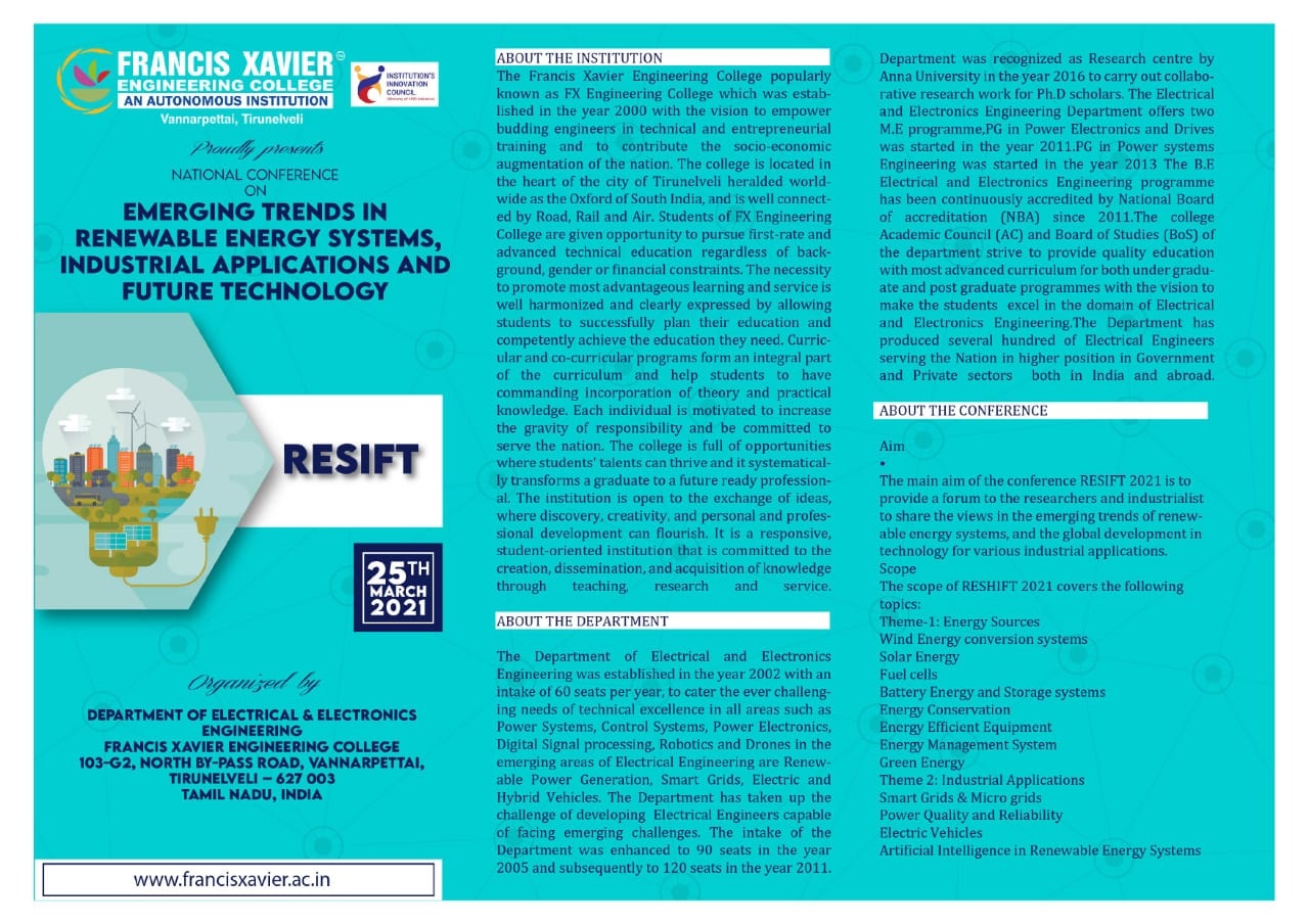 National Conference  On   Emerging trends in Renewable Energy systems, Industrial applications and Future Technology – RESIFT  25th March 2021